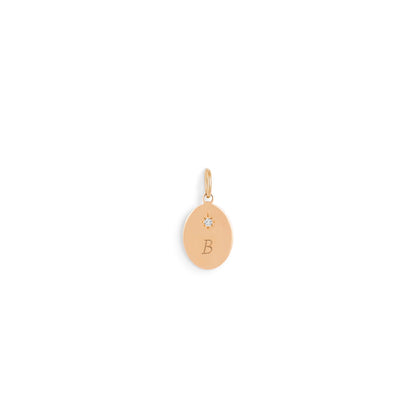 Oval yellow or 18 carats pendant with engraved letter B and small diamond bijou. - Médaille Forget me not