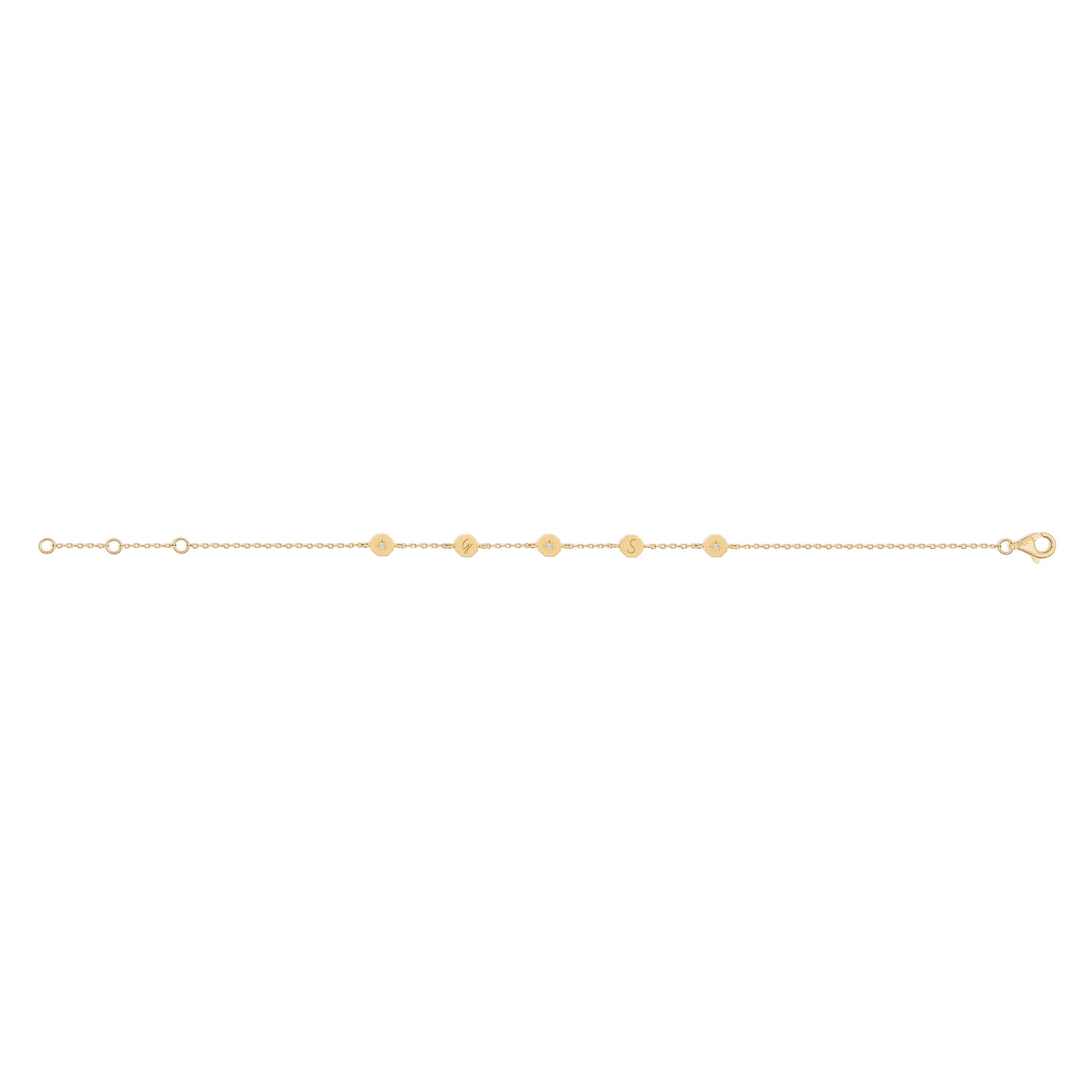 Delicate 18 carat yellow gold bracelet with five small round charms and fine chain links, bijoux style. - Bracelet Twist