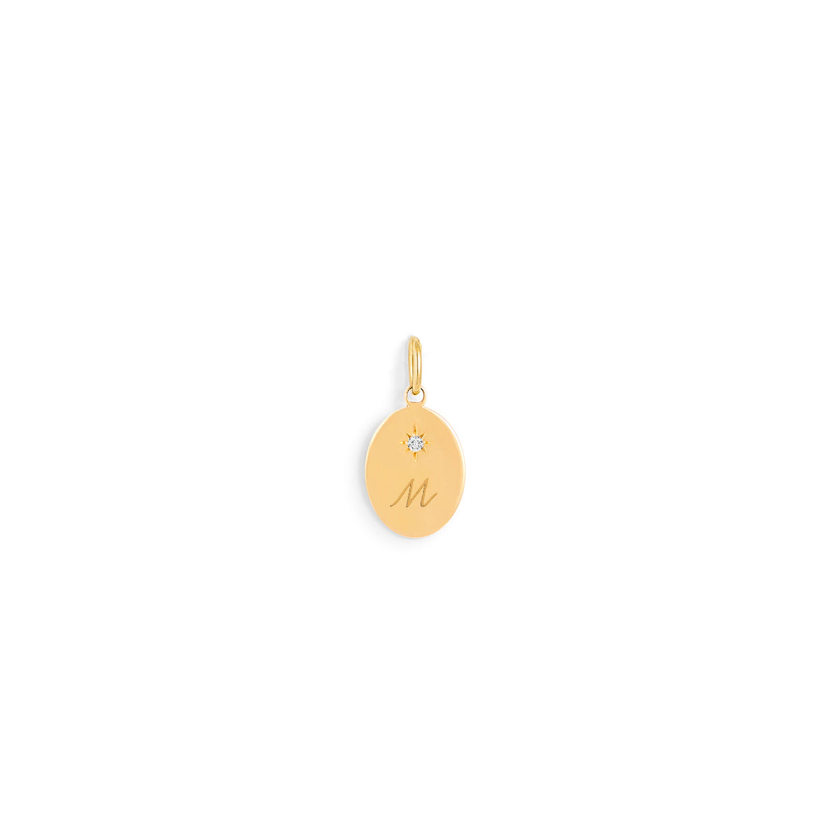 Oval yellow or 18 carats gold pendant with engraved letter M and small diamond detail bijou. - Médaille Forget me not