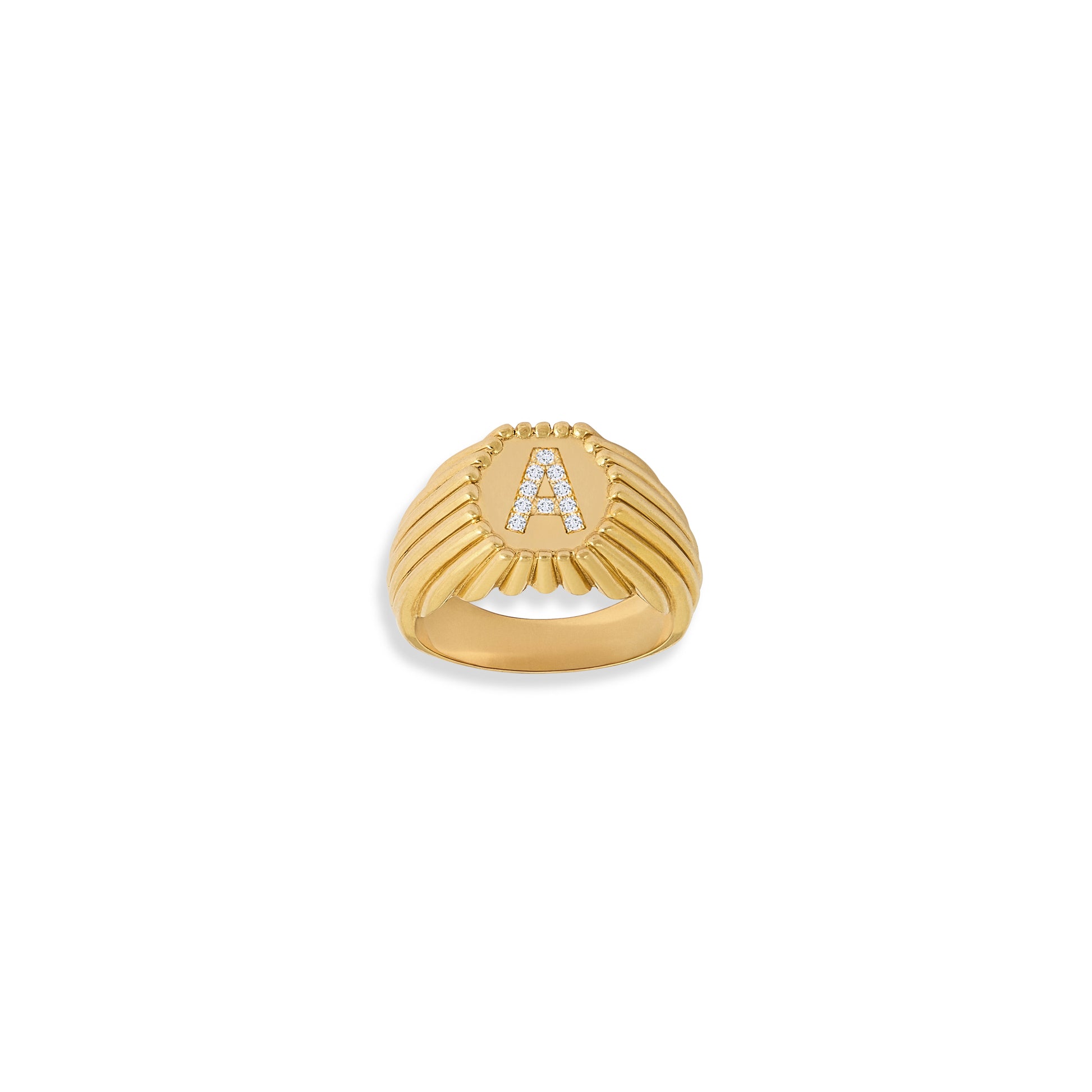 Octagonal 18-carat yellow gold chevalière ring with an A initial in gold pearls, bijoux style. - Chevalière Alphabet perles d'or