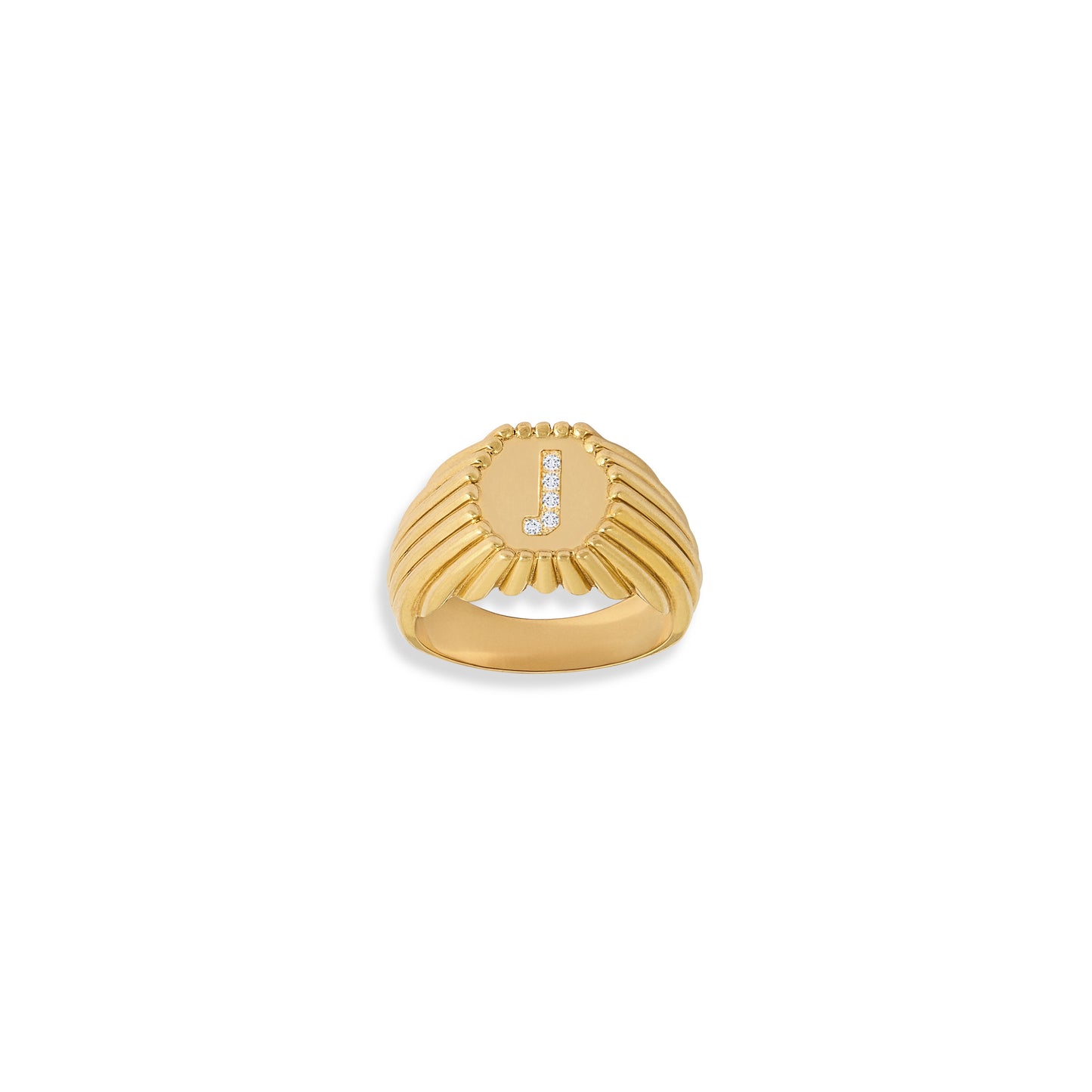 Octagonal 18-carat yellow gold chevalière ring with engraved letter J and gold bead detailing. - Chevalière Alphabet perles d'or