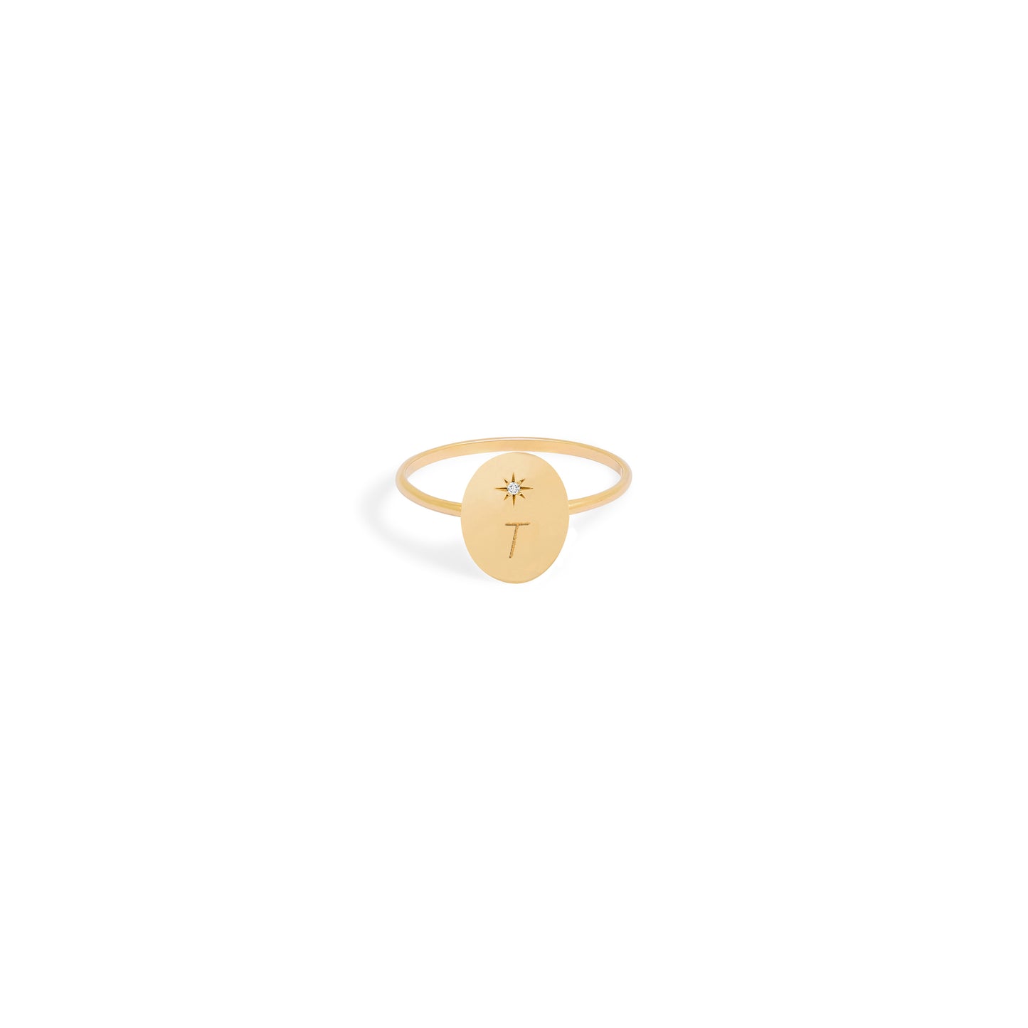 18-carat yellow gold oval medal ring with engraved letter, delicate or bijoux design. - Bague Forget me not